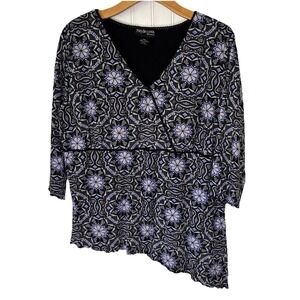 Style & Co Y2K Baby Doll Shirt Top 2X Black Blue Geo Floral Asymmetrical Hem